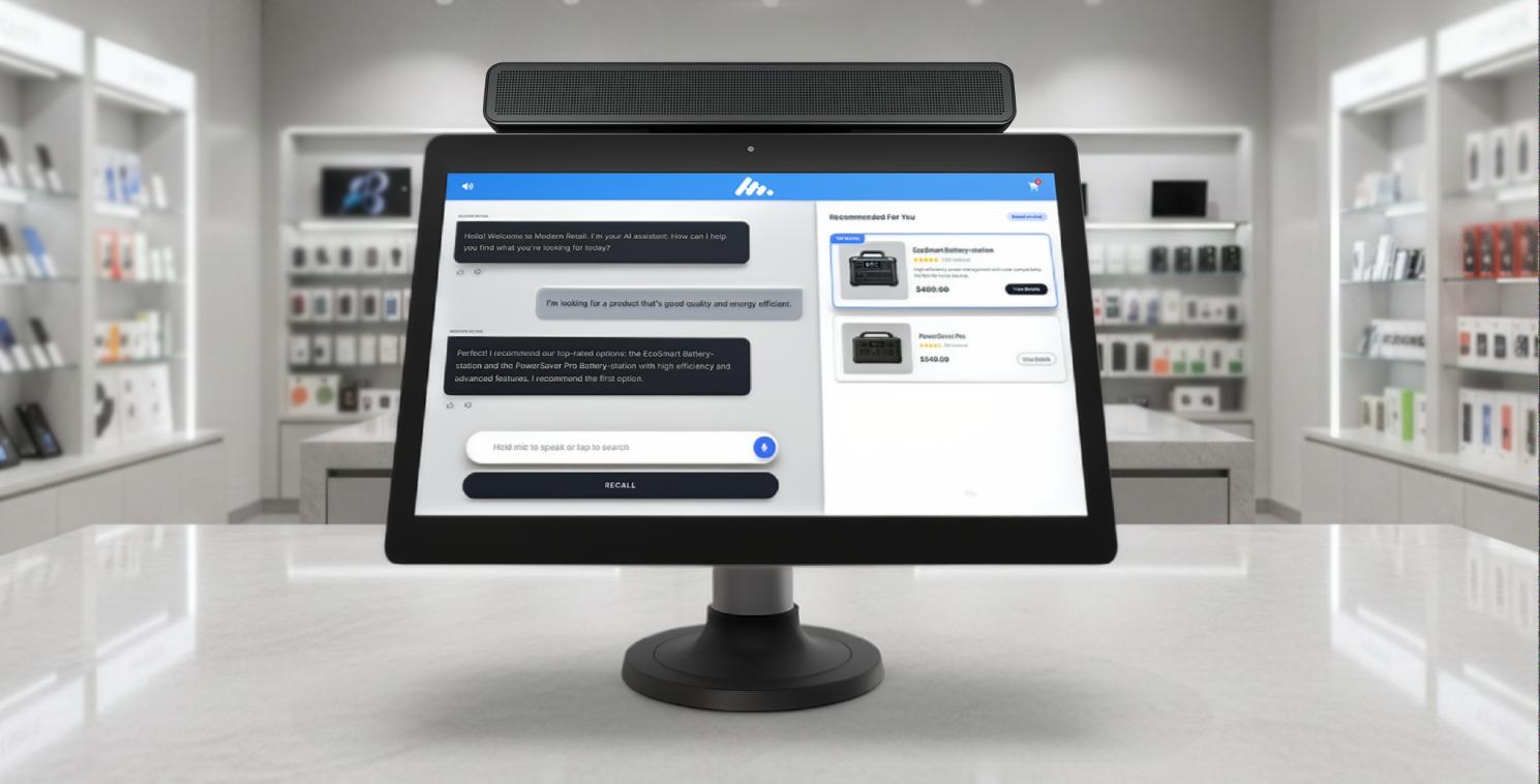 Interactive Elo touchscreen on a counter with sound bar mounted to the top guiding product selection and recommendations in a retail environment, demonstrating agentic AI in action