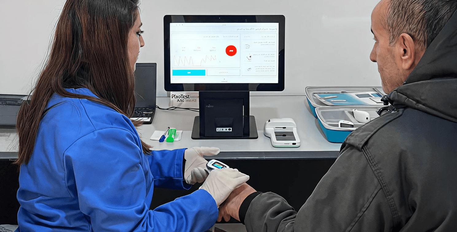 Healthcare worker using Elo touchscreen and diagnostics powered by 19Labs GALE platform to provide real-time medical care for refugees